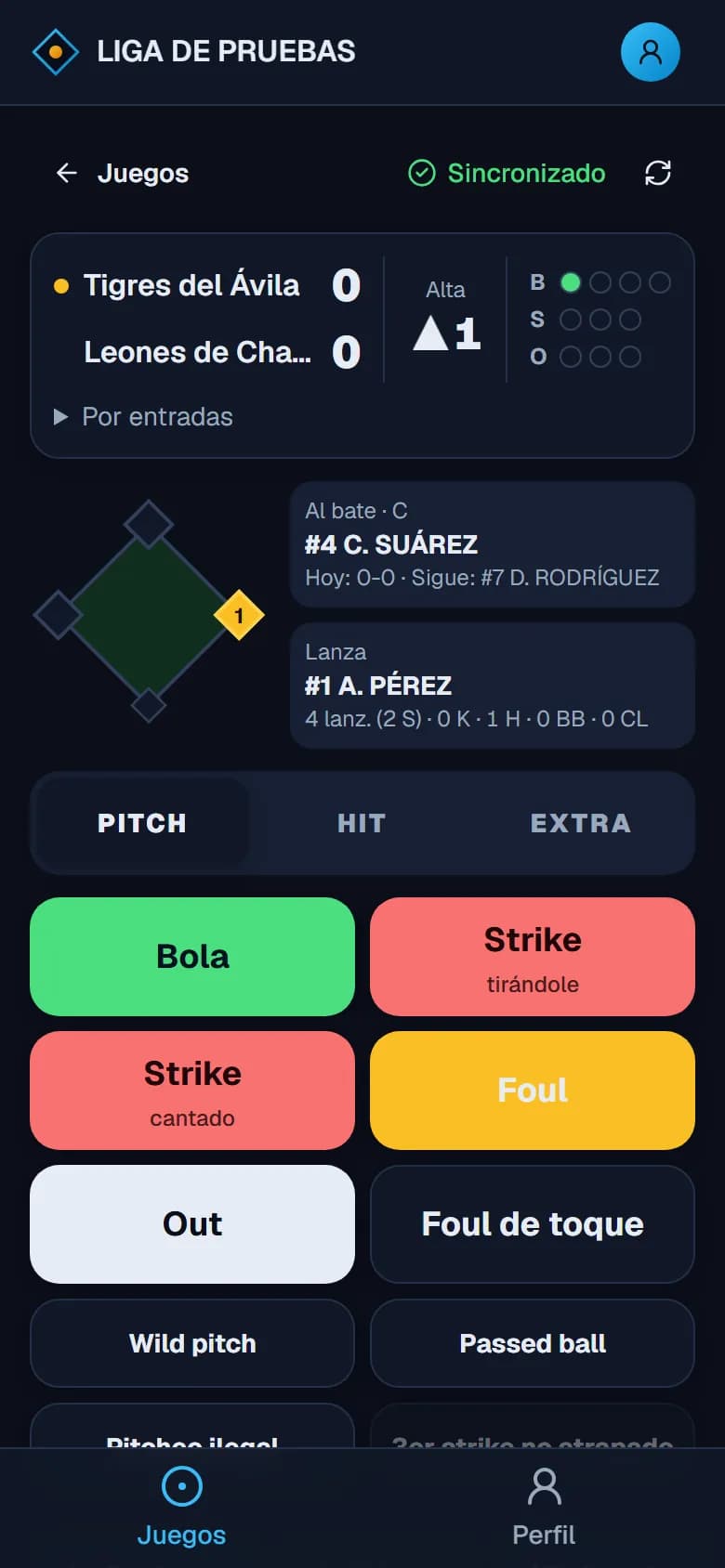 Pantalla del anotador de PlayLiga con el marcador, el conteo y el diamante