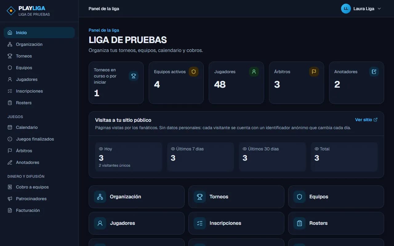Panel de administración de una liga en PlayLiga